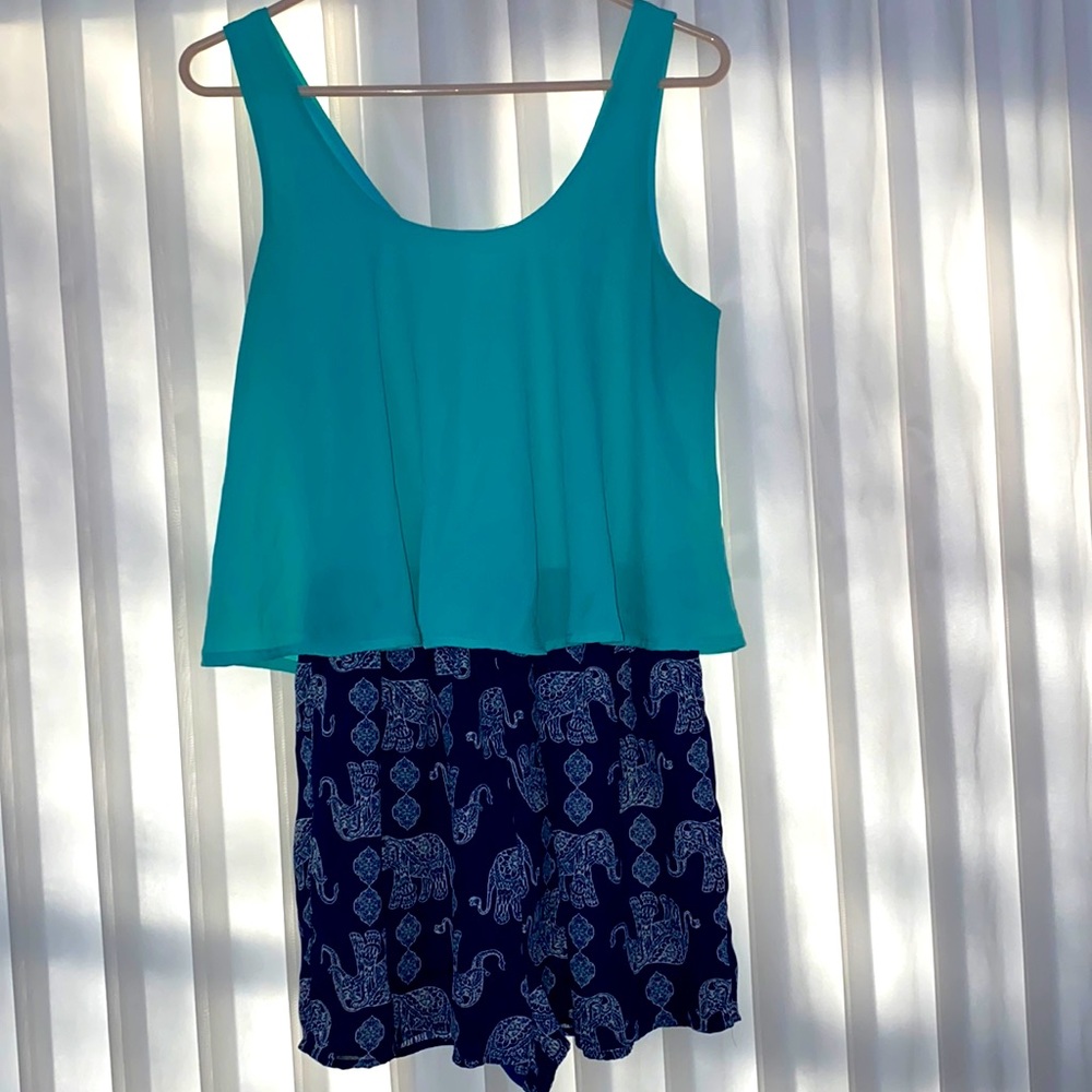 Tiffany blue and navy blue elephant romper